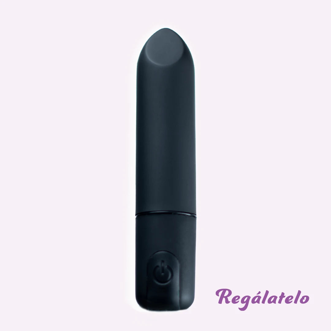 Mini bala vibradora recargable color negra punta plata silicona hipoalergénica vista frontal