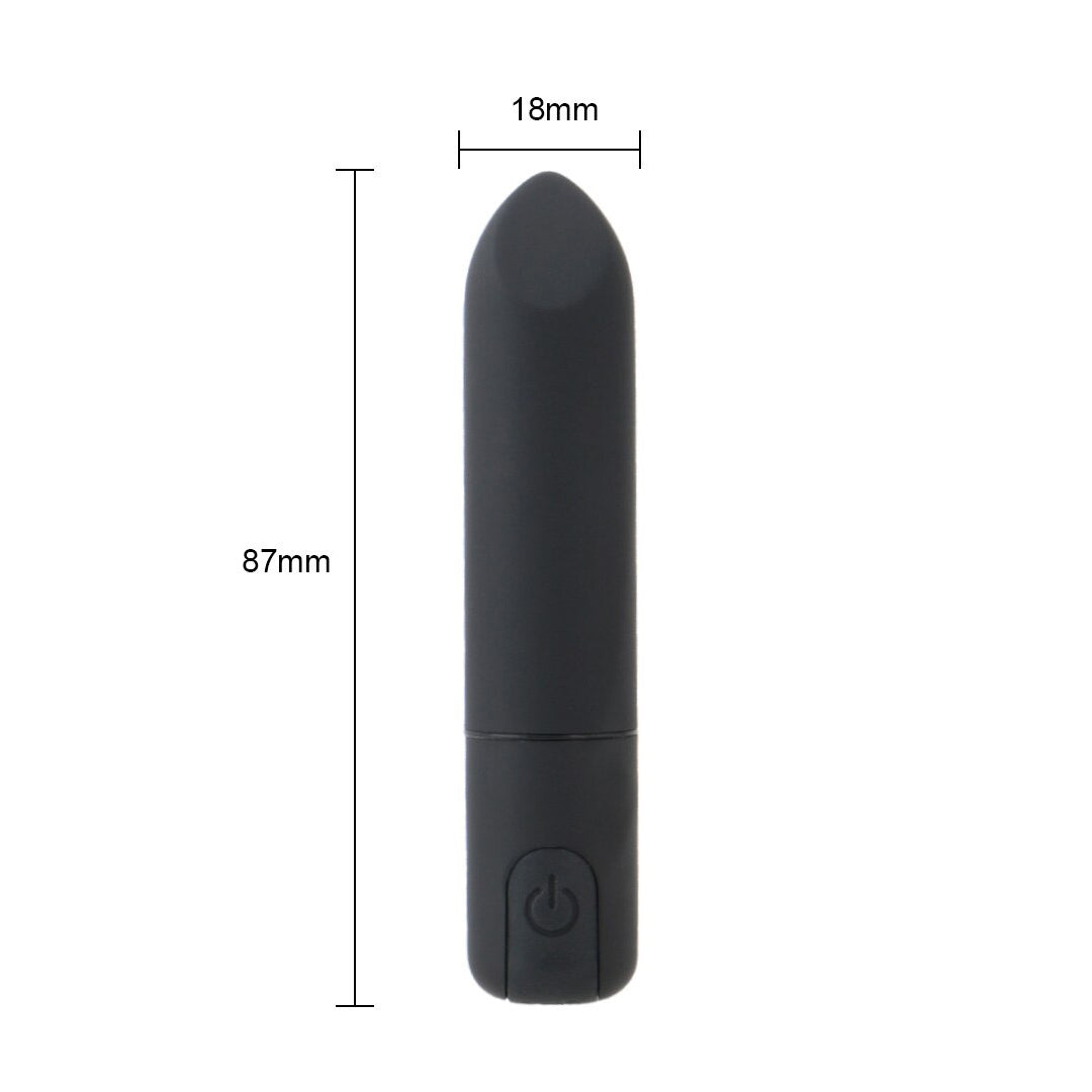 Mini bala vibradora recargable color negra punta plata silicona hipoalergénica vista medidas
